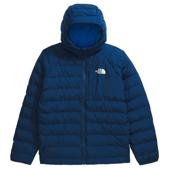 North Face boys insulated jacket in blue, showcasing the front view with hood up.