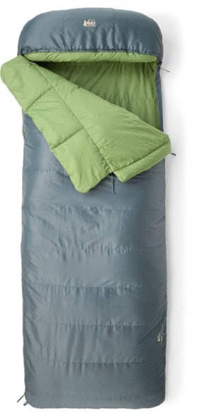 CozyNest 20 Down Sleeping Bag displayed outdoors, showcasing its spacious rectangular shape and insulated hood.