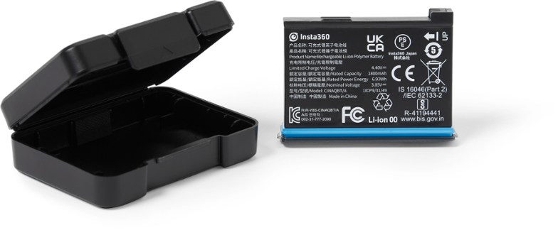 Insta360 X3 rechargeable battery in a sleek battery box, ideal for travel.