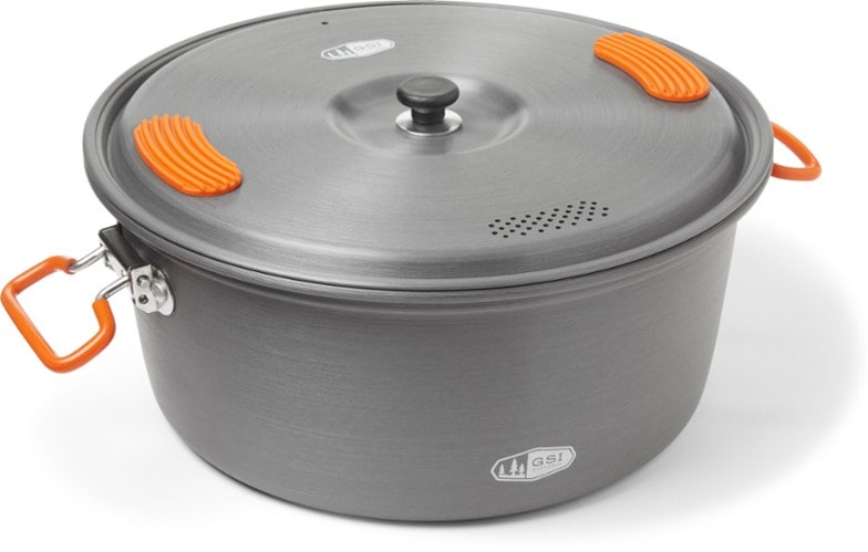 Halulite 4.7L aluminum camping pot with lid in a scenic outdoor setting