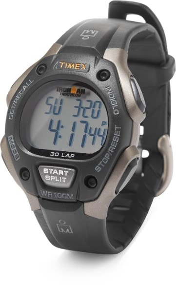 Triathlon Pro 30-Lap Digital Watch on a runner's wrist, showcasing its sleek design and functionality.