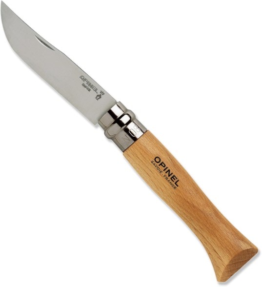 Opinel No. 8 beechwood knife displayed with blade open, showcasing its sharp stainless steel edge.