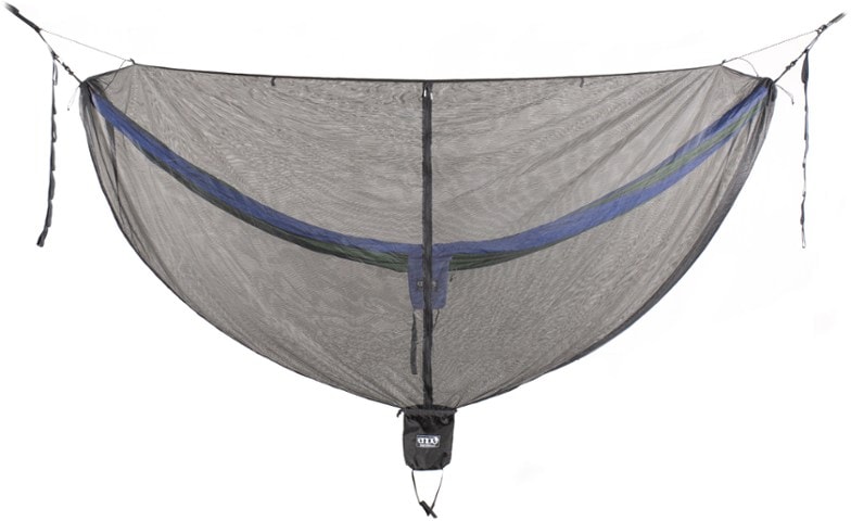 Guardian Bug Net set up over an ENO hammock in a forest setting.