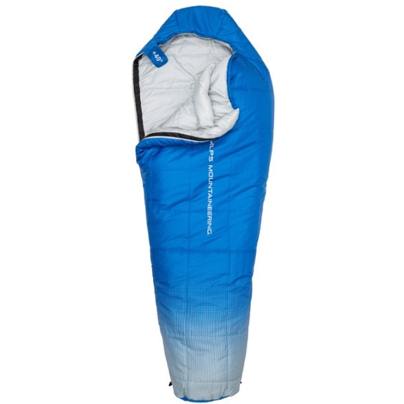 Top view of ALPS Mountaineering Spirit 40 sleeping bag showcasing its mummy shape and hood.
