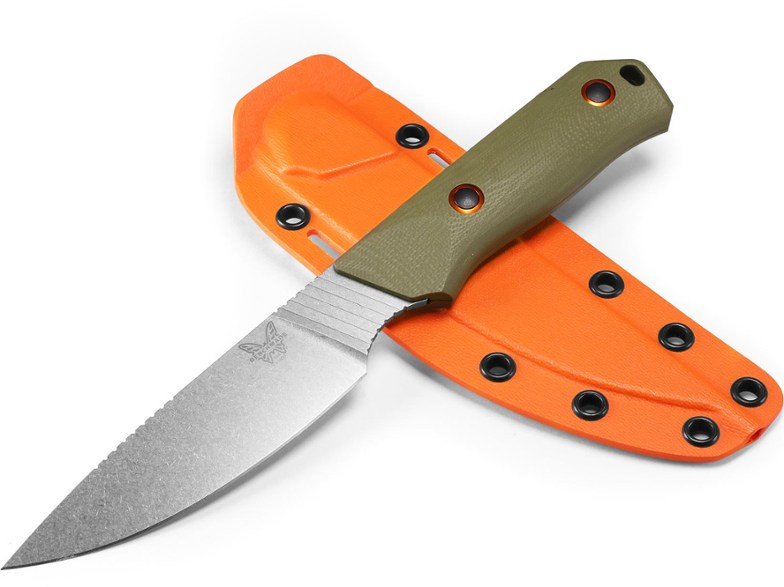 Benchmade Raghorn knife displayed with OD Green G10 handle and orange sheath.