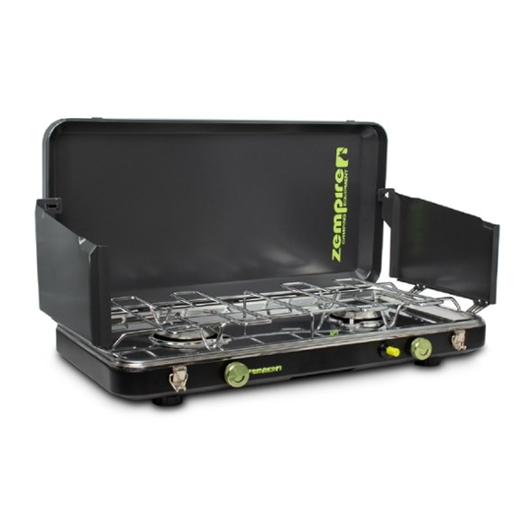 Zempire Dual-Burner Wide Camping Stove with pots cooking at a campsite.
