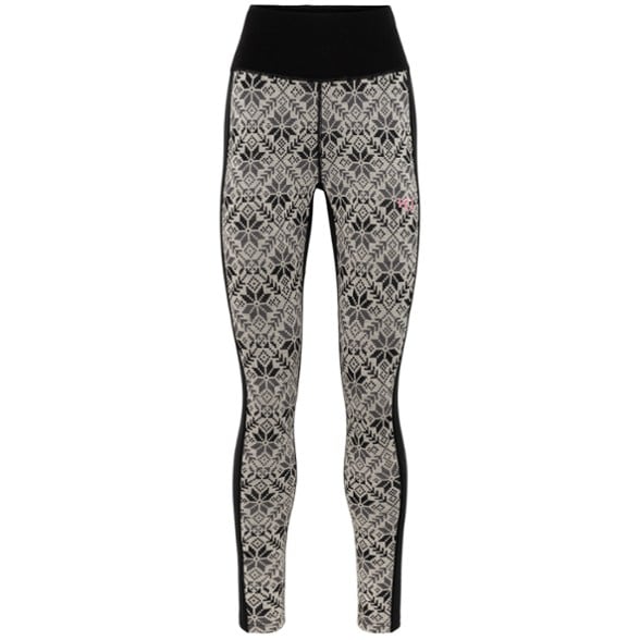 Front view showing slim high waist fit and soft wool knit texture on ski base layer leggings