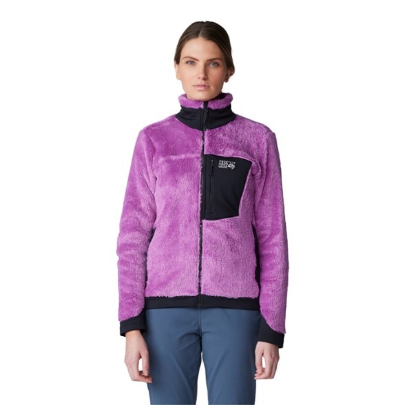 Front view of women's fleece jacket showing zippered pockets and high-loft texture