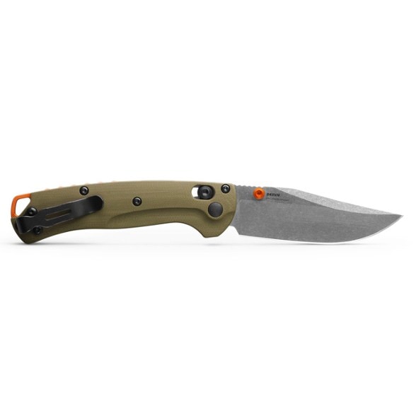 Benchmade Mini Taggedout knife with OD green G10 handle and orange thumb stud, perfect for outdoor adventures.