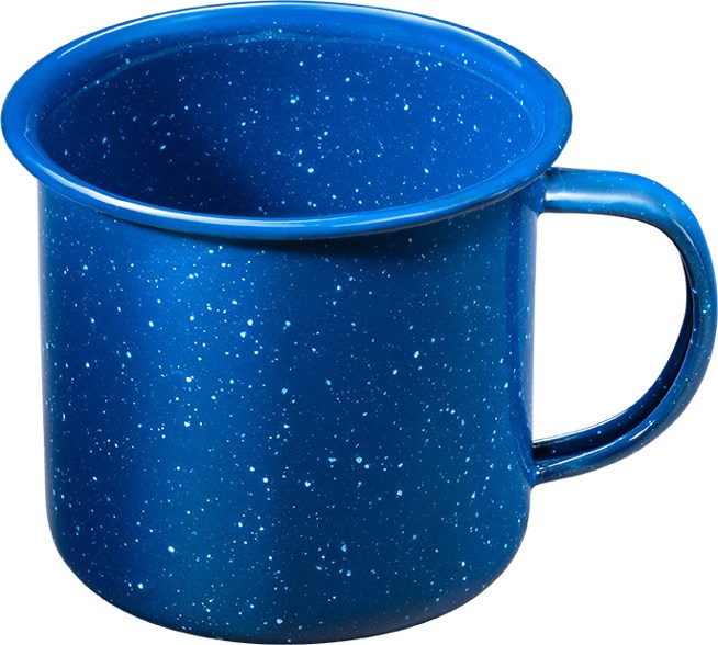 Alpine Mountain Gear enamelware mug showcasing its blue speckled design at a campsite