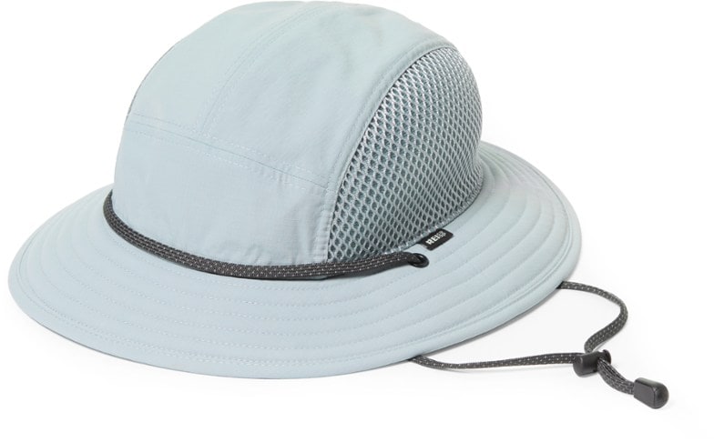 Front view of REI Co-op Sahara UltraLight hiking sun hat showing adjustable chin strap and ripstop nylon fabric