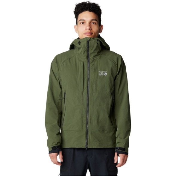 Side view of men's hooded jacket showing adjustable cuffs and alpine-ready design.