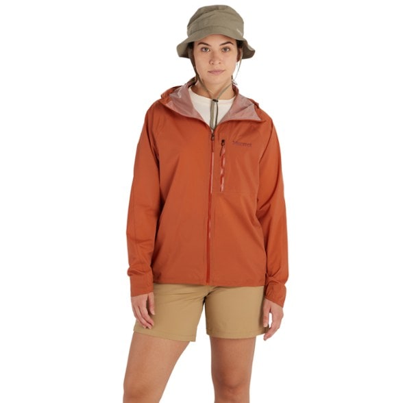 Front view of the Eco-Friendly Bio Packable Rain Jacket for Women, showcasing its lightweight design and vibrant color.