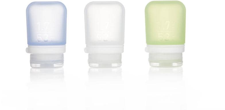 Close-up of TravelMate silicone squeeze bottles showcasing their portability and design.