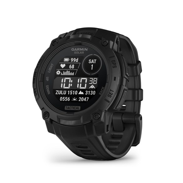 Front view of the Garmin Instinct 3 Tactical Solar GPS watch with display on.