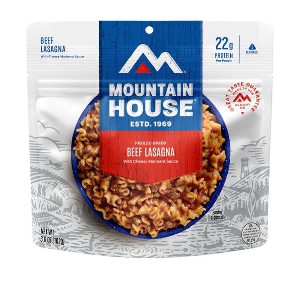 Delicious freeze-dried lasagna with meat sauce ready for outdoor cooking.