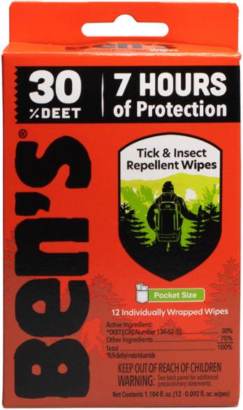 Close-up of Ben’s 30% DEET insect repellent wipes package showing the compact, travel-ready design