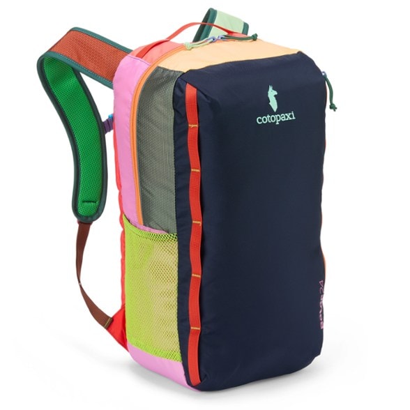 Front view of Cotopaxi lightweight backpack showing main zipper and vibrant color