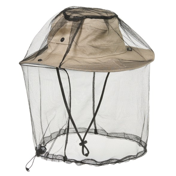 Ultimate mosquito head net with insect shield protection worn in the wilderness