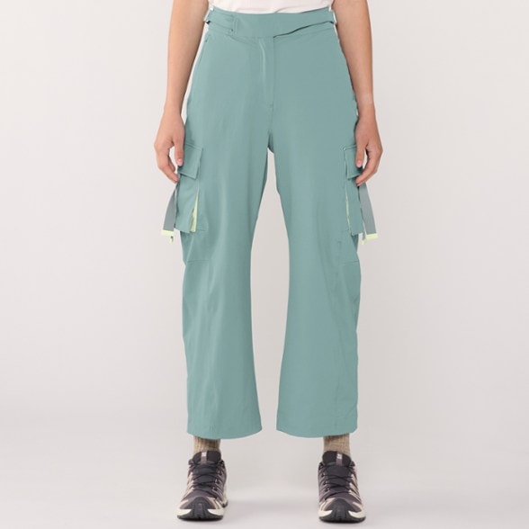 Front view of women's outdoor cargo pants showing high-rise fit and cinchable hems