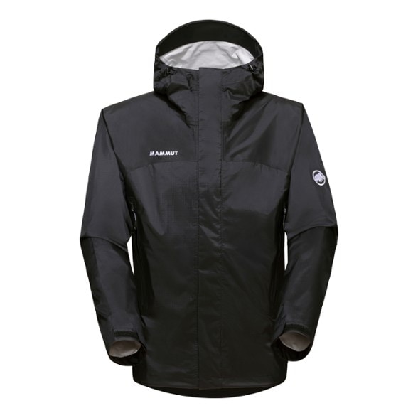 Front view of the waterproof hiking jacket showing hood and pockets