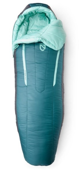 NEMO Forte 20 Eco-Friendly Sleeping Bag for Women, displayed in a tent setting, highlighting its comfort features for side sleepers.