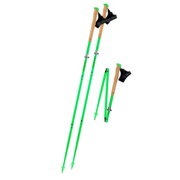 Close-up of Carbon Cloud FXP Vario carbon trekking poles showing adjustable locking mechanism and foam grip