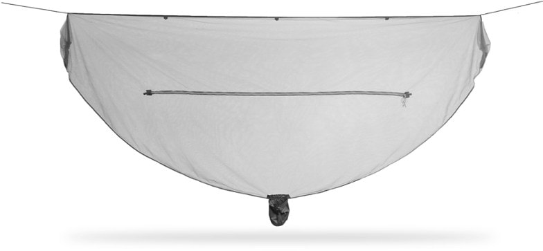 Close-up view of Kammok Dragonfly hammock bug net installed in the trees.