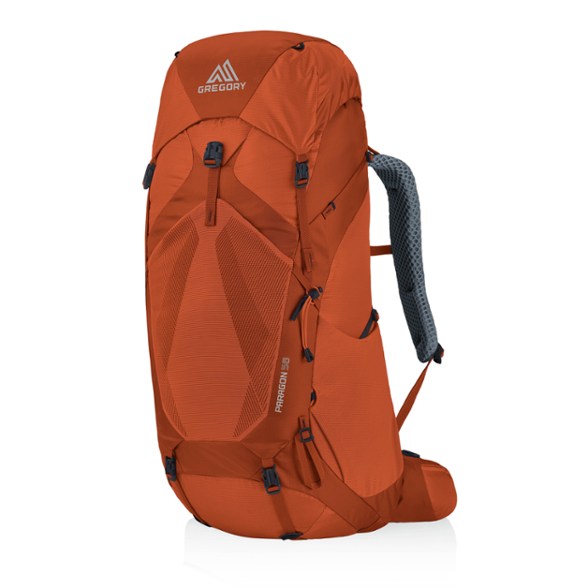 Front view of Gregory Paragon 58 backpacking backpack in slate blue with trekking poles attached