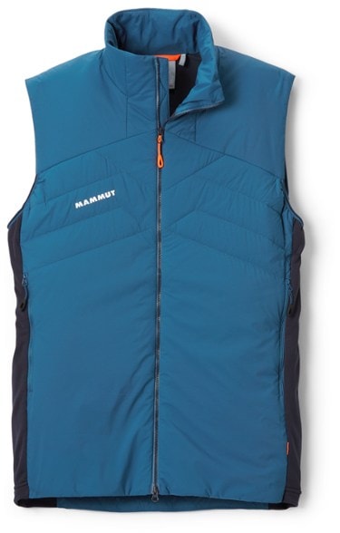 Front view of men's Mammut FlexCore UltraLight insulated vest worn on mountain hike – ideal for winter outdoor use
