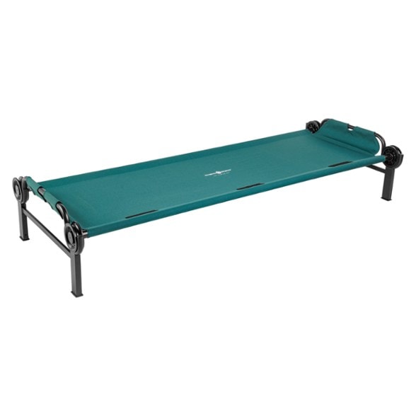 Side view of the Ultra Comfort Portable Cot set up in a tent, showcasing its sturdy design.