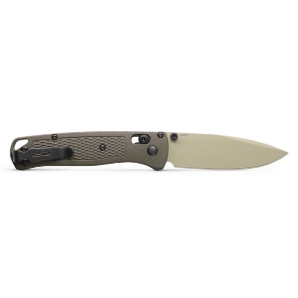 Benchmade Bugout Adventure Knife in action on a camping trip, demonstrating its sharp blade and sturdy grip.