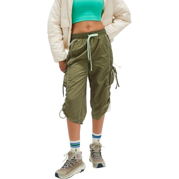 Front view of lightweight outdoor pants for women, showing cropped length and water-resistant fabric