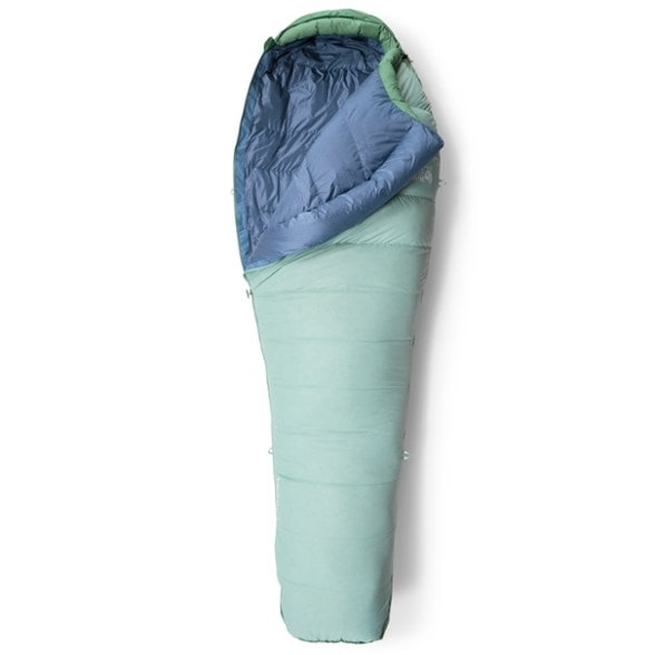 Bishop Pass 30 Women's sleeping bag showcasing its contoured footbox and down insulation.
