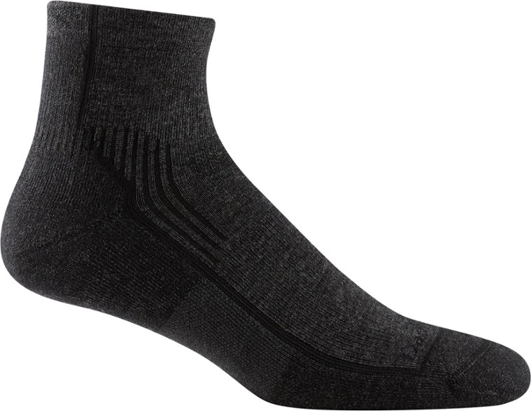 Close-up of Darn Tough quarter cushion socks highlighting medium-density cushioning and fabric texture.