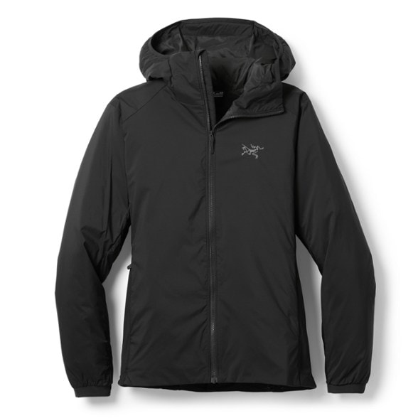 Front view of SummitLite women's synthetic insulated hoody in forest green, highlighting adjustable hood and No Slip Zip™ zipper