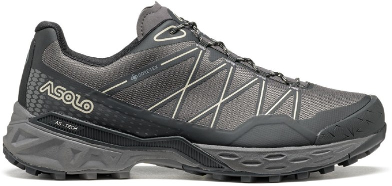 Side view of Asolo Tahoe GTX men's trail shoes on rocky terrain.