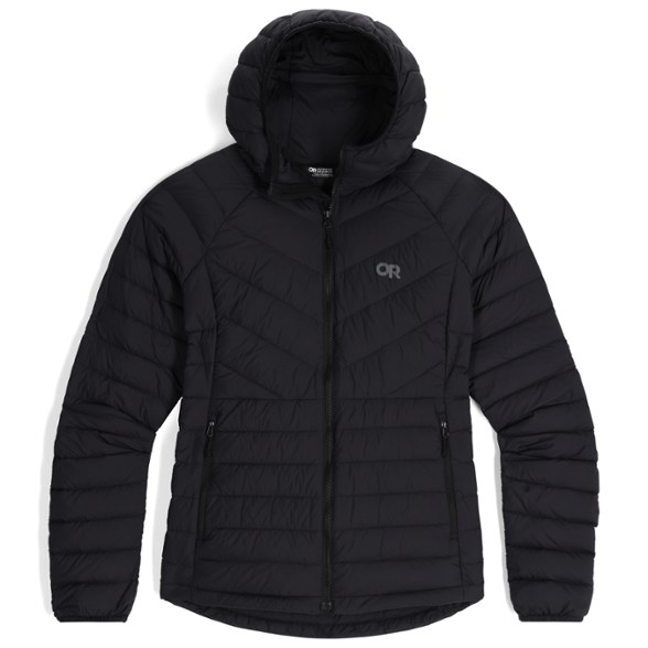 Front view of the eco-friendly women's down hoodie, showcasing its lightweight design.
