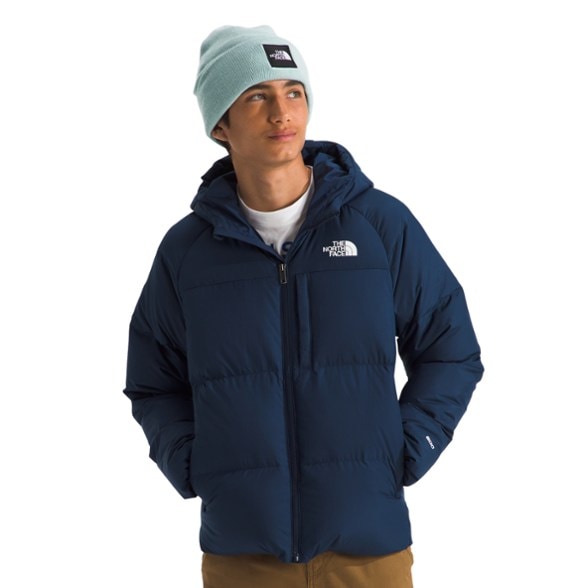 Front view of boys winter jacket showing water resistant hood and zipper detailing