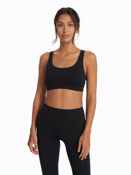 Front view of the Stride Support Bra, highlighting its sleek design and moisture-wicking fabric.