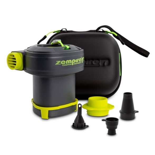 Zempire Monstapump air pump showing inflation process at a campsite.