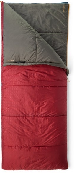 Exped MegaSleep Uno sleeping bag in burgundy side up, demonstrating insulation features.
