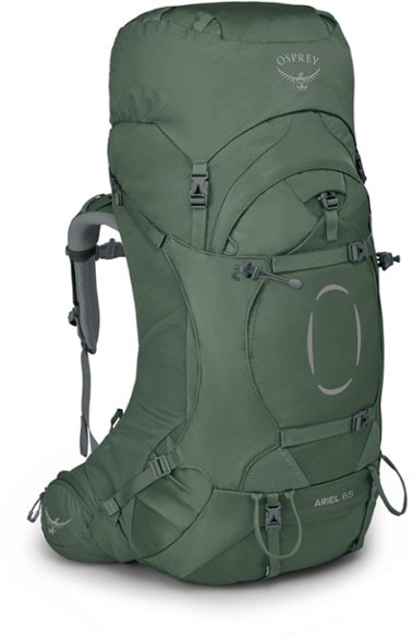 Side angle of Osprey Ariel 65 women's backpack showing adjustable straps and breathable back panel ideal for hiking pack use