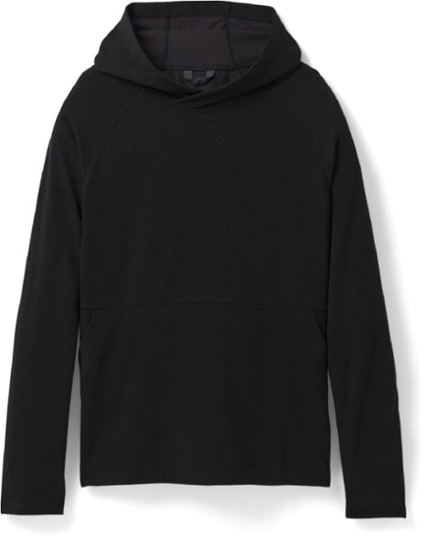 Men's sun protective hiking hoodie showcasing 3-panel hood and kangaroo pocket from the front.