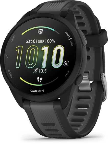 Garmin Forerunner 165 smartwatch with vibrant AMOLED display showcasing fitness stats.