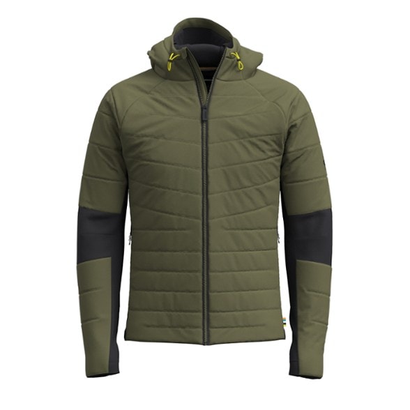 Front view of men's insulated jacket with adjustable hood and water-repellent finish