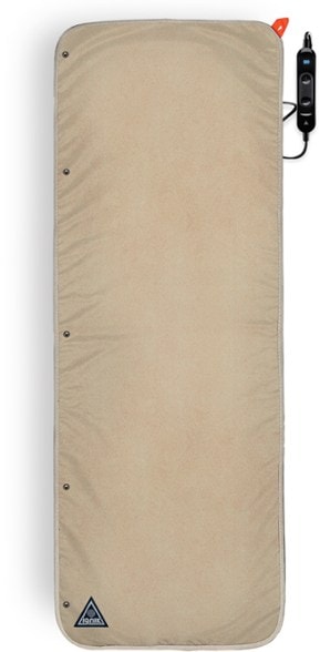 Ignik Flipside Pro heated blanket spread over a tent bed, showcasing its non-slip surface and outdoor heating design