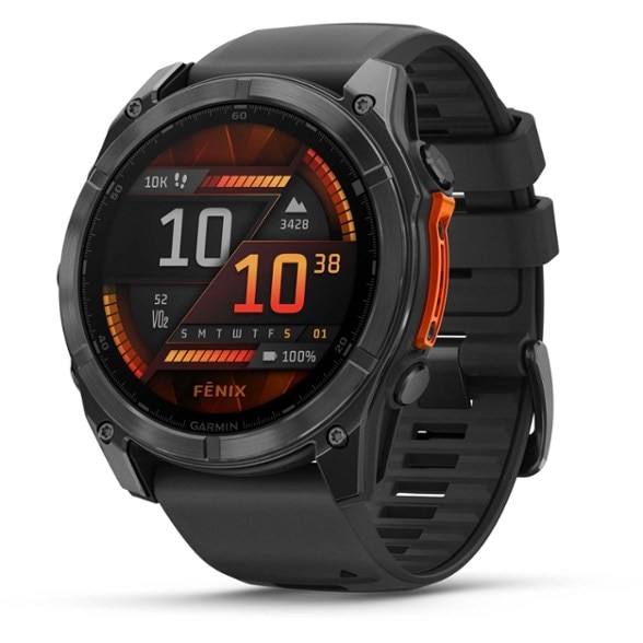 Garmin fenix 8 AMOLED smartwatch angled view showing bright AMOLED display and stainless-steel bezel