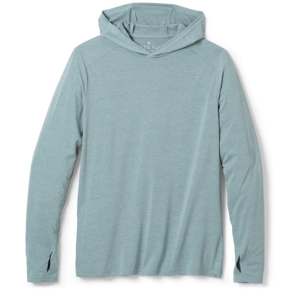 Men's UPF 50+ shade hoodie in action during a hike, showcasing its lightweight design.