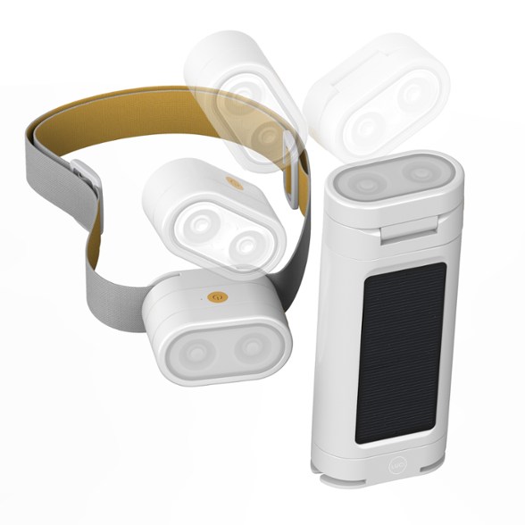 LuciBeam SolarFlex solar headlamp worn on head during camping trip at dusk